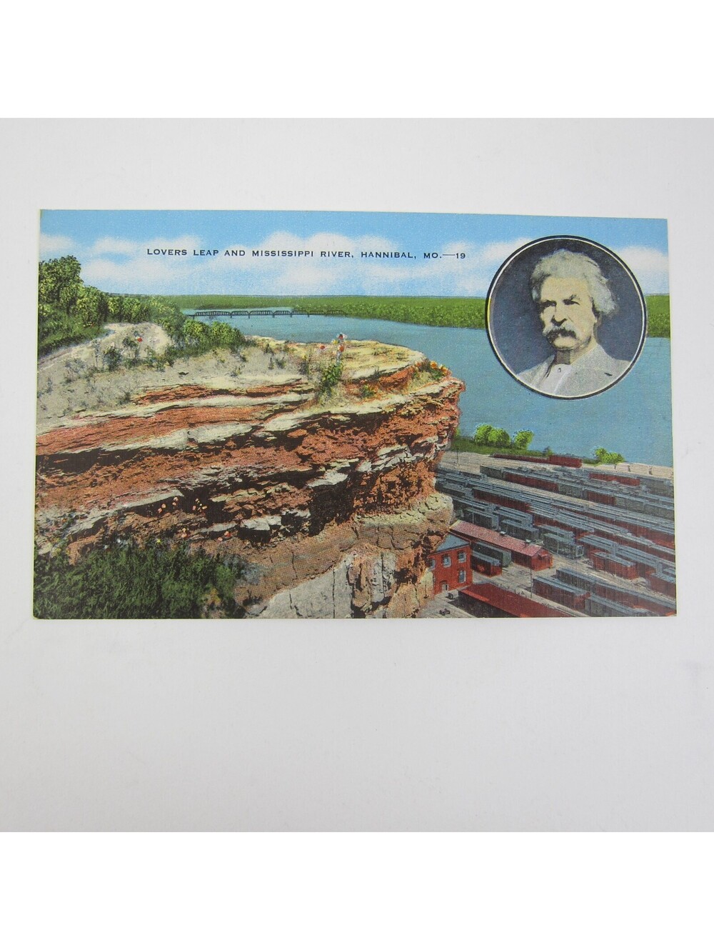 Linen Postcard Hannibal Missouri Mark Twain Lovers Leap Mississippi River